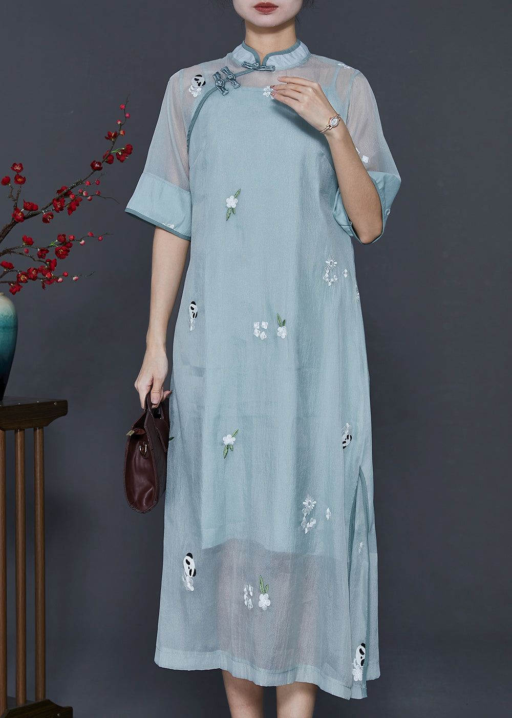 Chinese Style Blue Grey Embroidered Silk Dresses Two Piece Set Summer