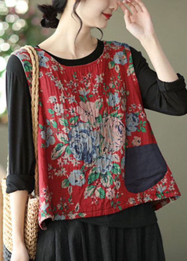 Red Linen Vest O-neck Pocket Patchwork Sleeveless