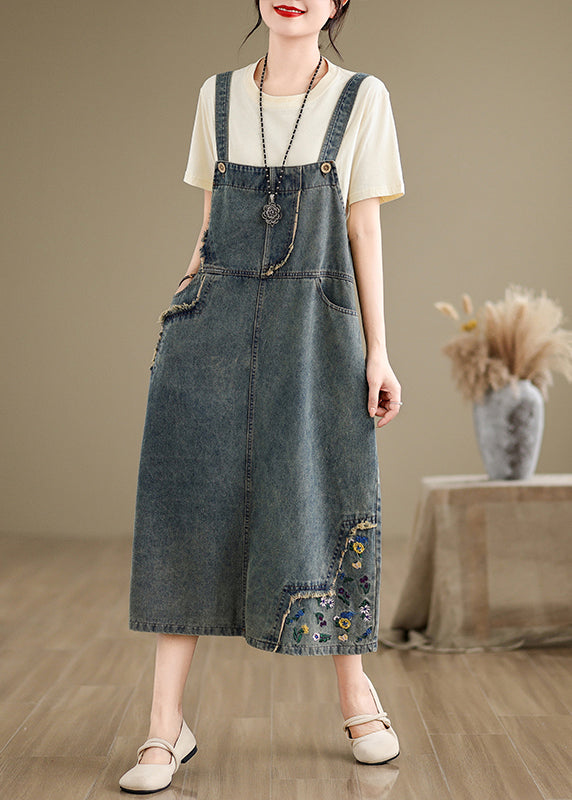 Denim Grey Embroidered Patchwork Spaghetti Strap Dress Sleeveless