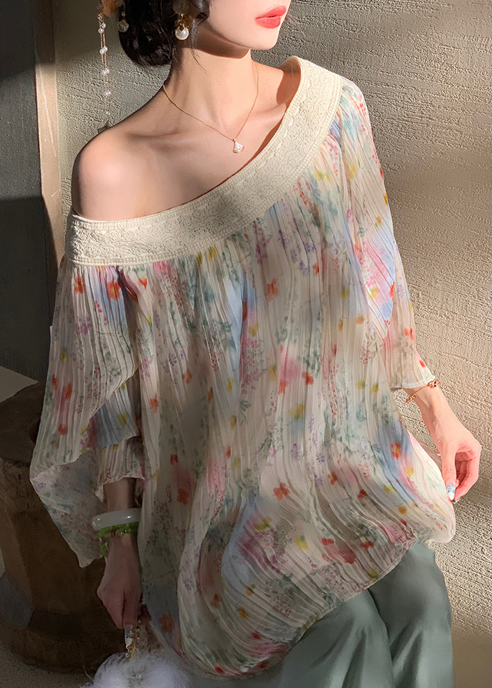 Beige Embroidered Print Wrinkled Chiffon Shirt Fall