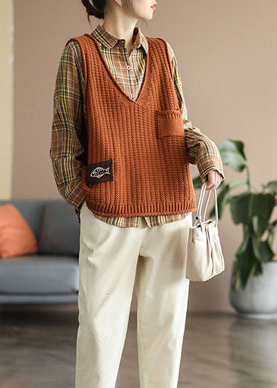 Orange V Neck Pockets Knit Tank Tops Sleeveless