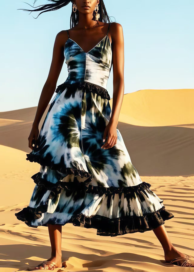 Ruffled Patchwork Tie Dye Cotton Cami Dress Summer