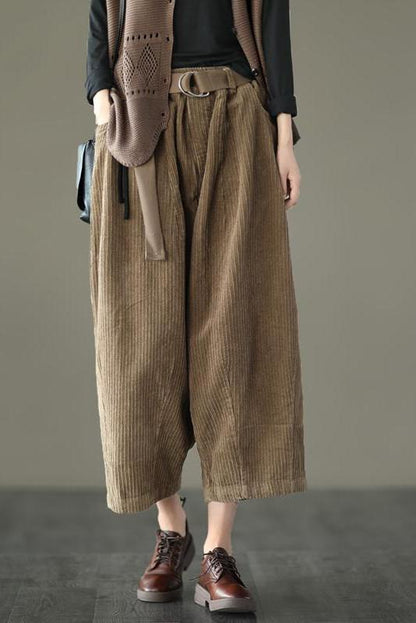 Limited Stock- Loose Pocket Corduroy Handmade Pants With Belt