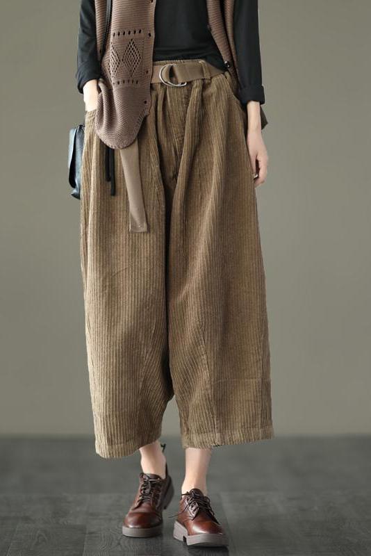 Limited Stock- Loose Pocket Corduroy Handmade Pants With Belt