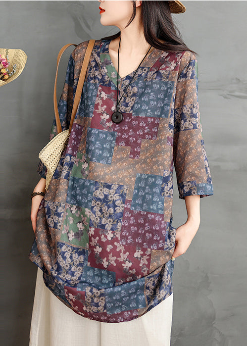 Colorblock V Neck Print Linen Mini Dress Summer