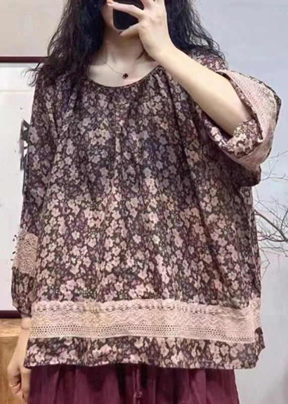 Red O-neck Print Hollow Out Patchwork Tops Lantern Sleeve