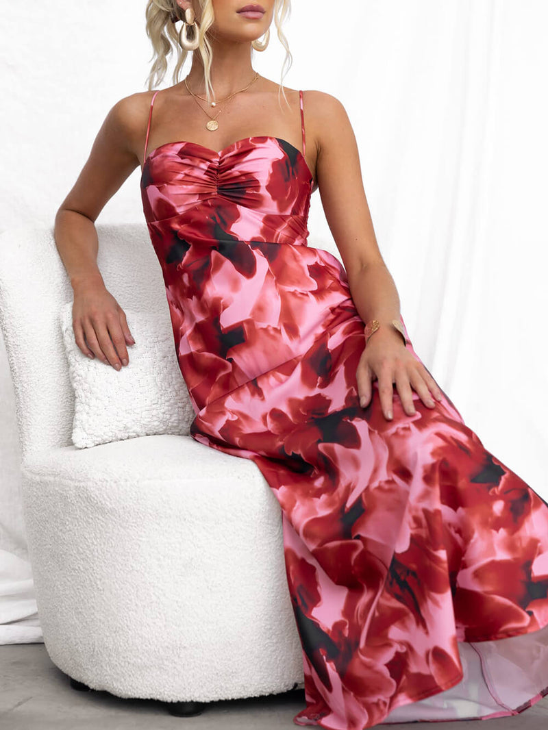 Ruched Bust Print Slip Maxi Dress