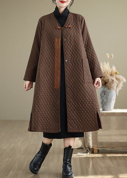 Coffee Pockets Fine Cotton Filled Retro Coats V Neck Winter