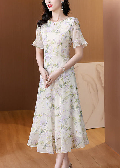 O Neck Print Chiffon Long Dress Summer