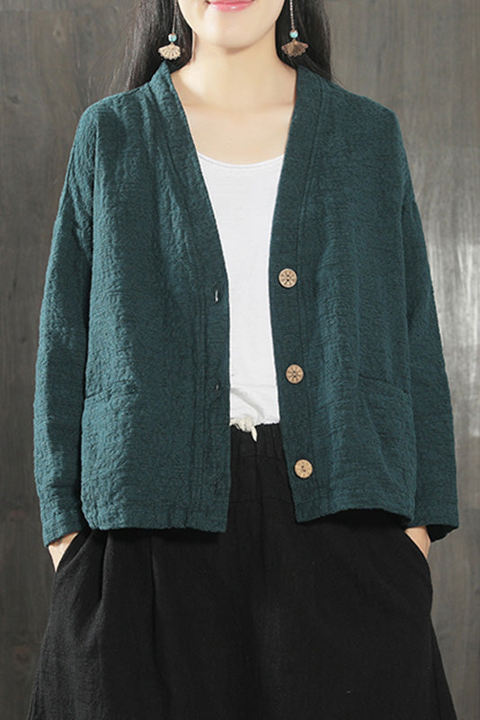 V-neck Cotton & Linen Thin Long-sleeved Jacket