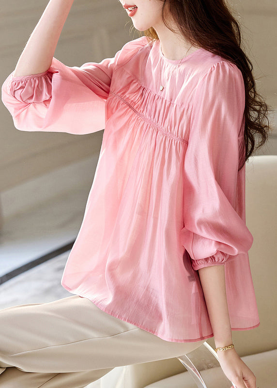 Pink O-neck Patchwork Silk Top Fall