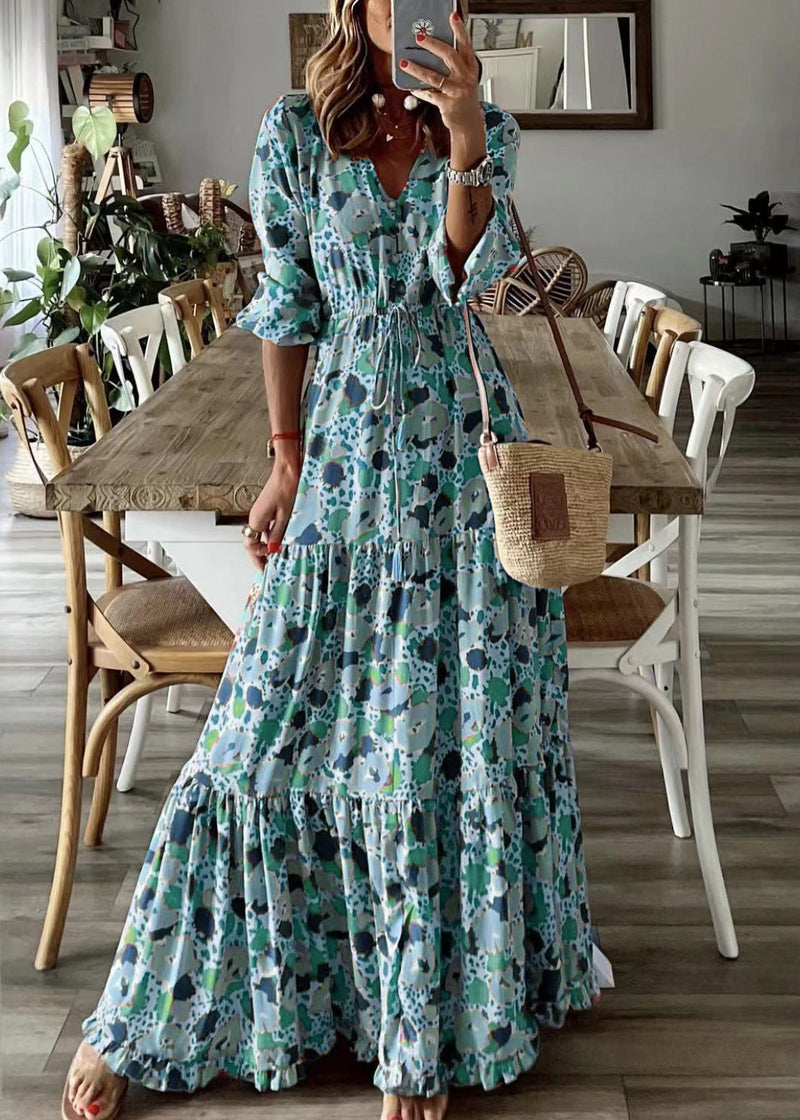Loose Orange Ruffled Print Patchwork Cotton Long Dress Summer