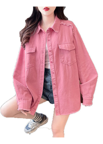 Pink Peter Pan Collar Pockets Denim Shirts Coat Fall