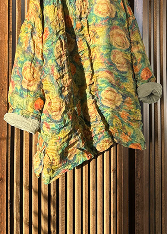 Yellow Hooded Print Linen Top Long Sleeve