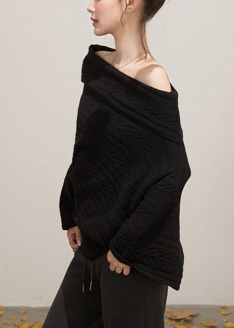 Black Cold Shoulder Knit Short Sweater Fall