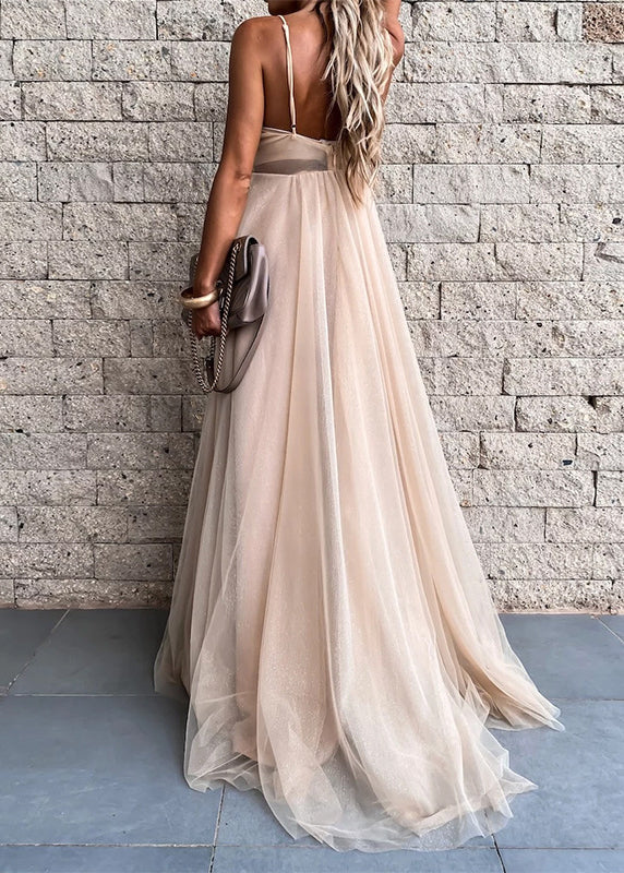 V Neck Wrinkled Tulle Spaghetti Strap Dress Summer