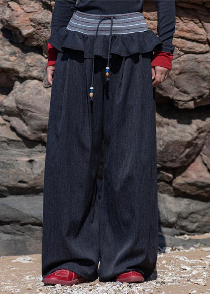 Brown Knit Patchwork Elastic Waist Wide Leg Pants Fall