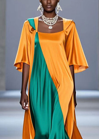 Yellow Oversized Patchwork Silk Maxi Dress Summer