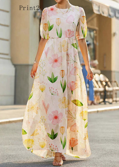 O Neck Print High Waist Cotton Long Dress Summer