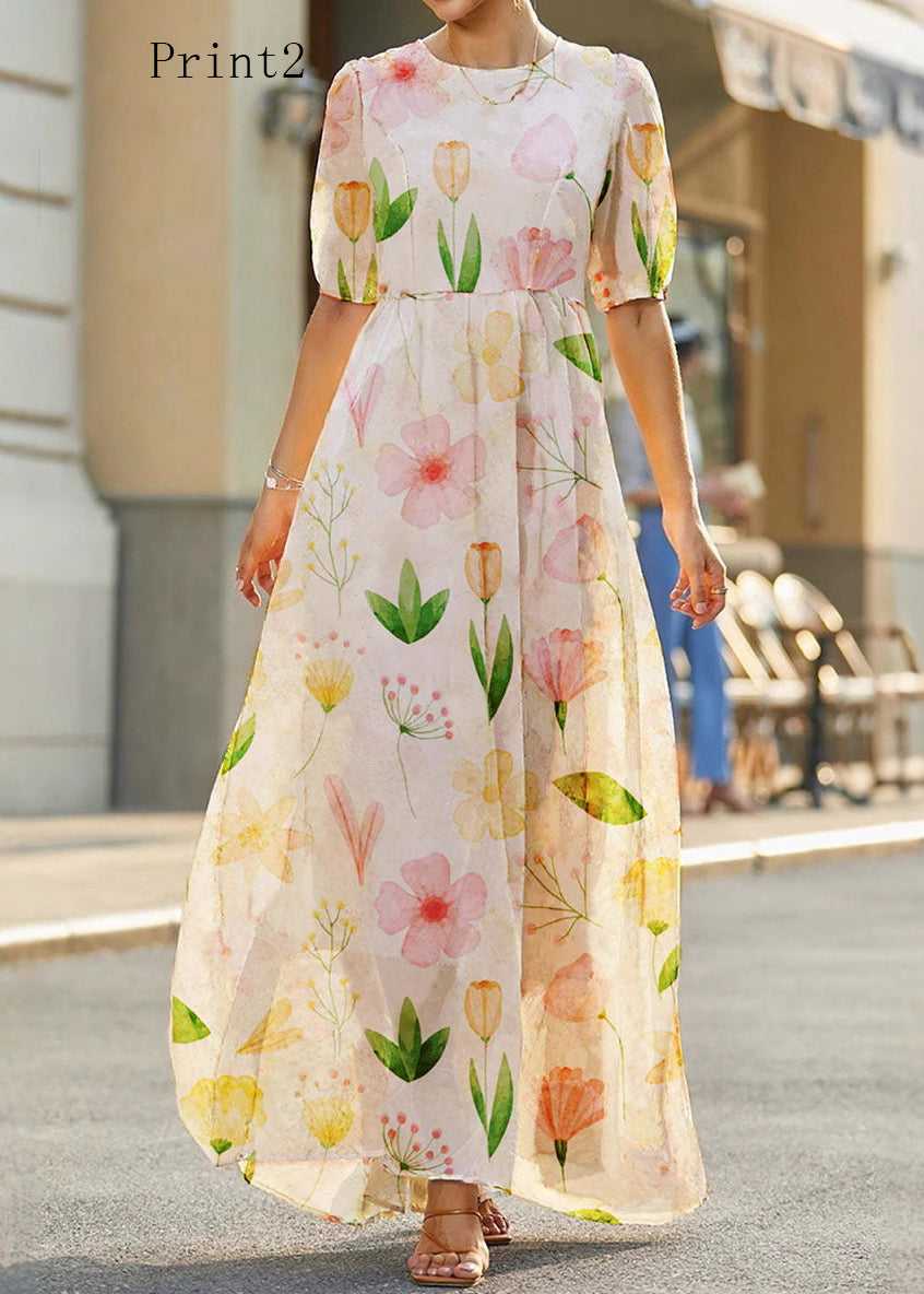 O Neck Print High Waist Cotton Long Dress Summer