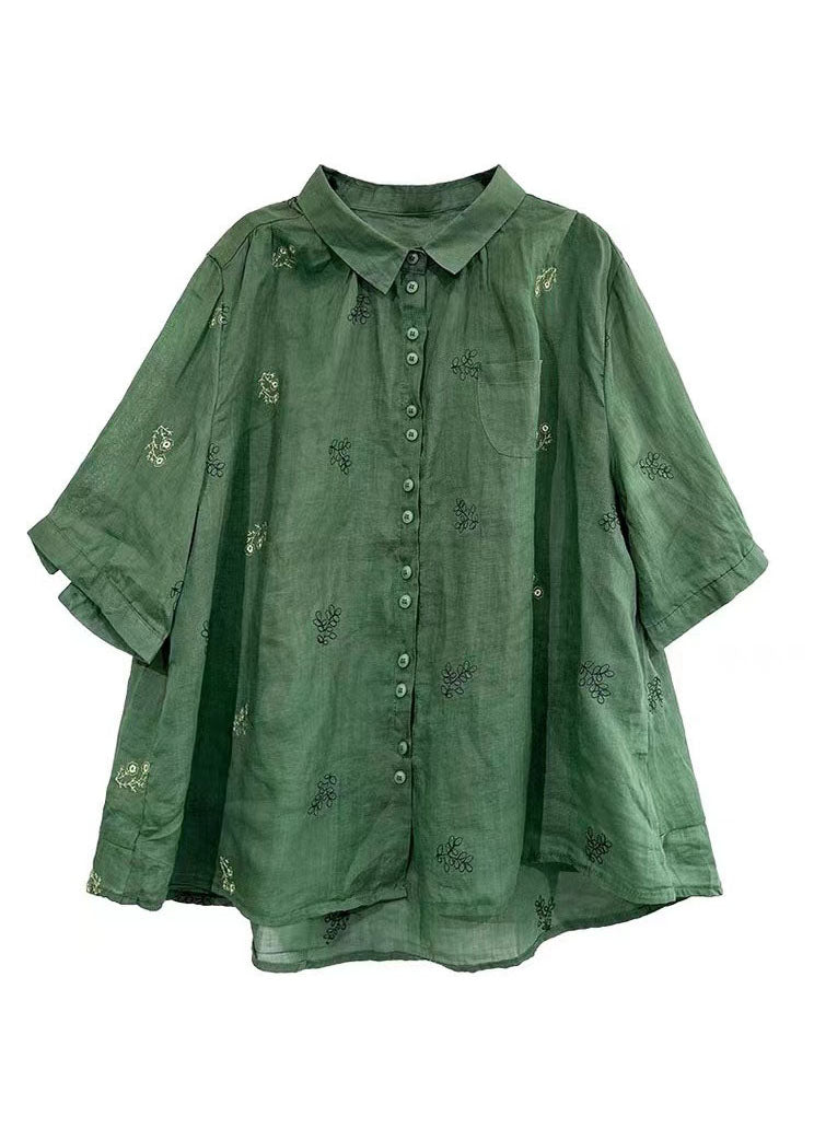 Green Peter Pan Collar Embroidered Patchwork Cotton Shirts Top Summer