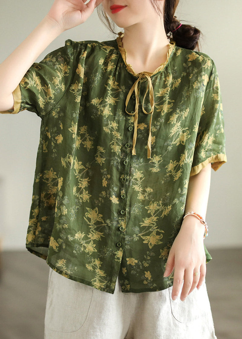 Green Ruffled Print Button Linen Shirt Short Sleeve