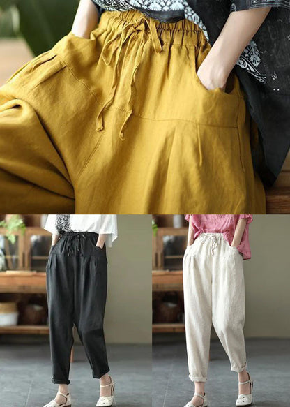 Black Pockets Patchwork Tie Waist Linen Pants Summer