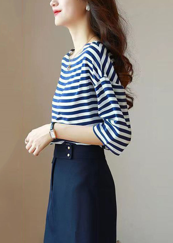 Blue O Neck Striped Silk Shirt Tops Summer