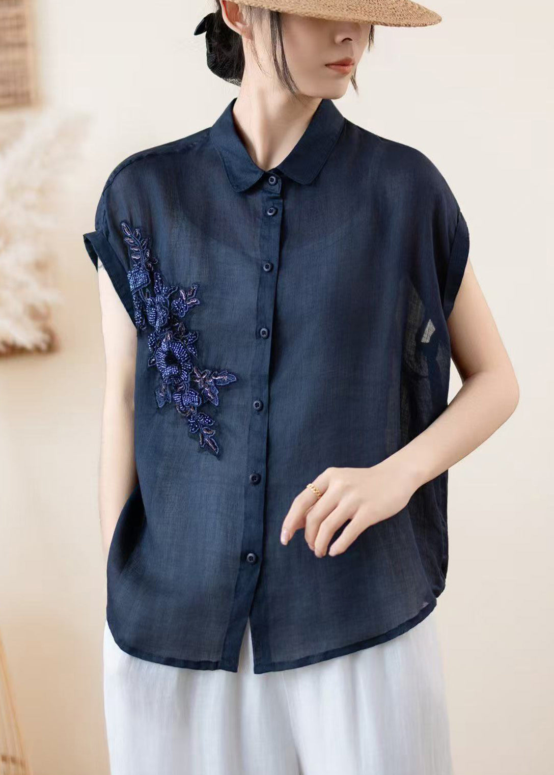 Navy Embroidered Linen Shirt Top Summer