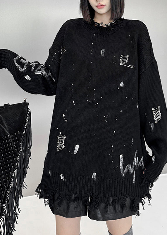 Black Graphic Hole Thick Cotton Knit Sweater Fall