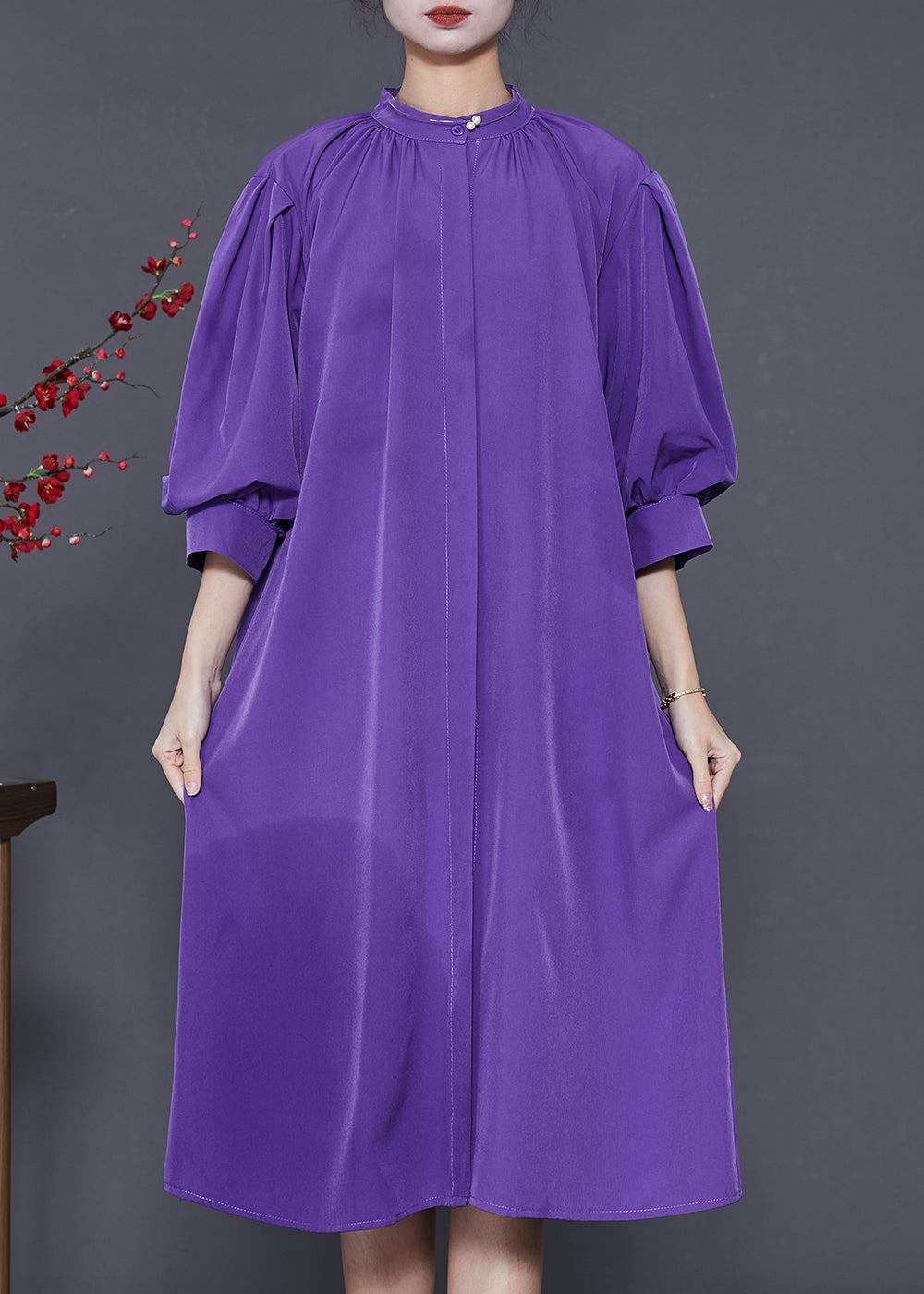 Purple Stand Collar Puff Sleeve Cotton Sundress