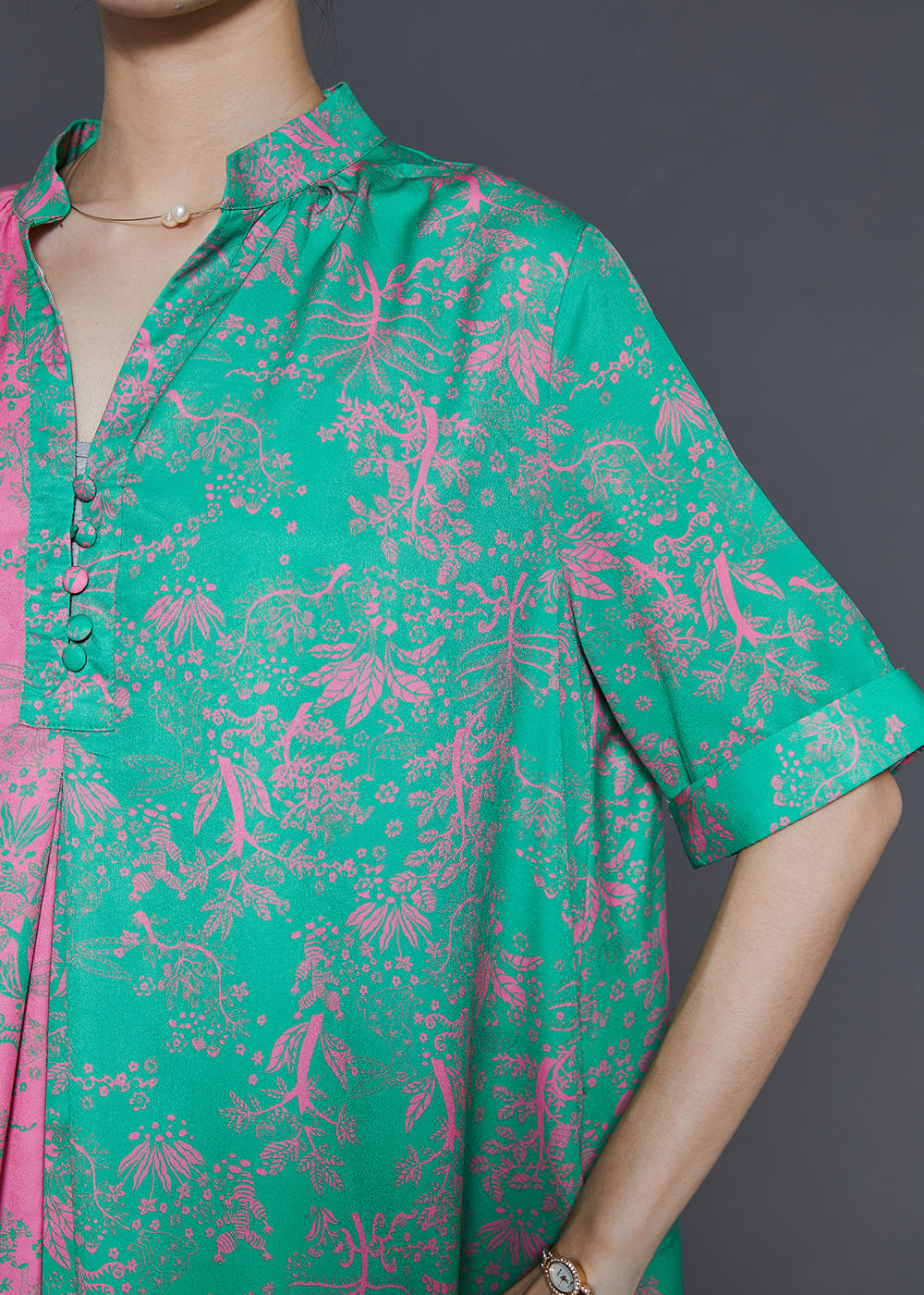 Colorblock V Neck Patchwork Print Silk Party Dress Summer