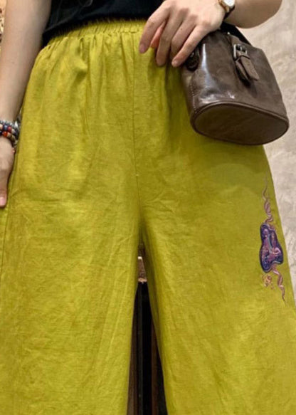 Yellow Embroidered Linen Wide Leg Pants Summer