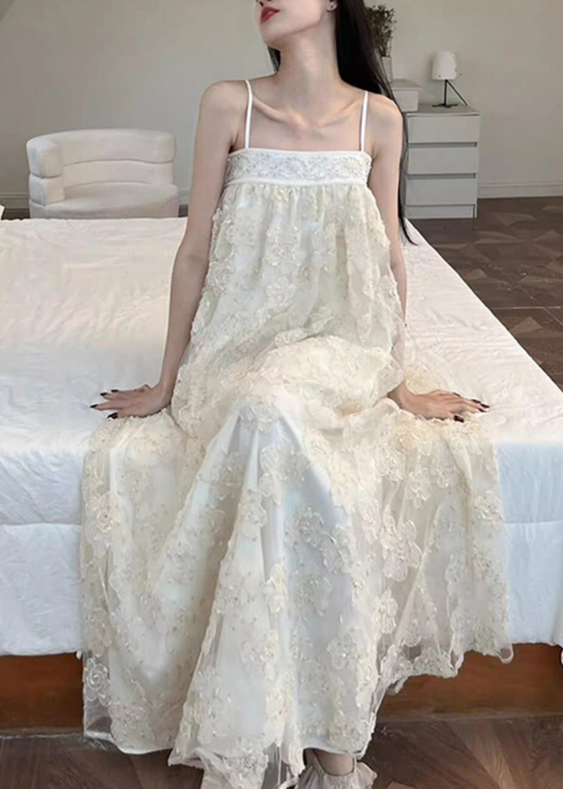 Beige Embroidered Tulle Patchwork Long Dresses Sleeveless