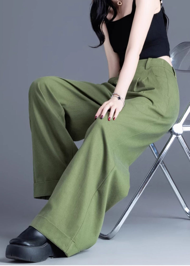 Tea Green Elastic Waist Cotton Wide Leg Pants Spring