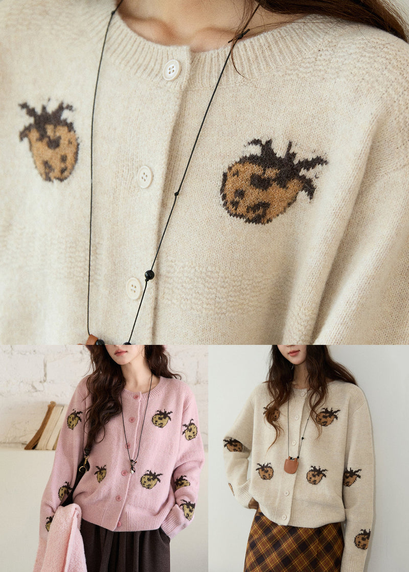 Apricot Print Button Cotton Knit Cardigan Long Sleeve