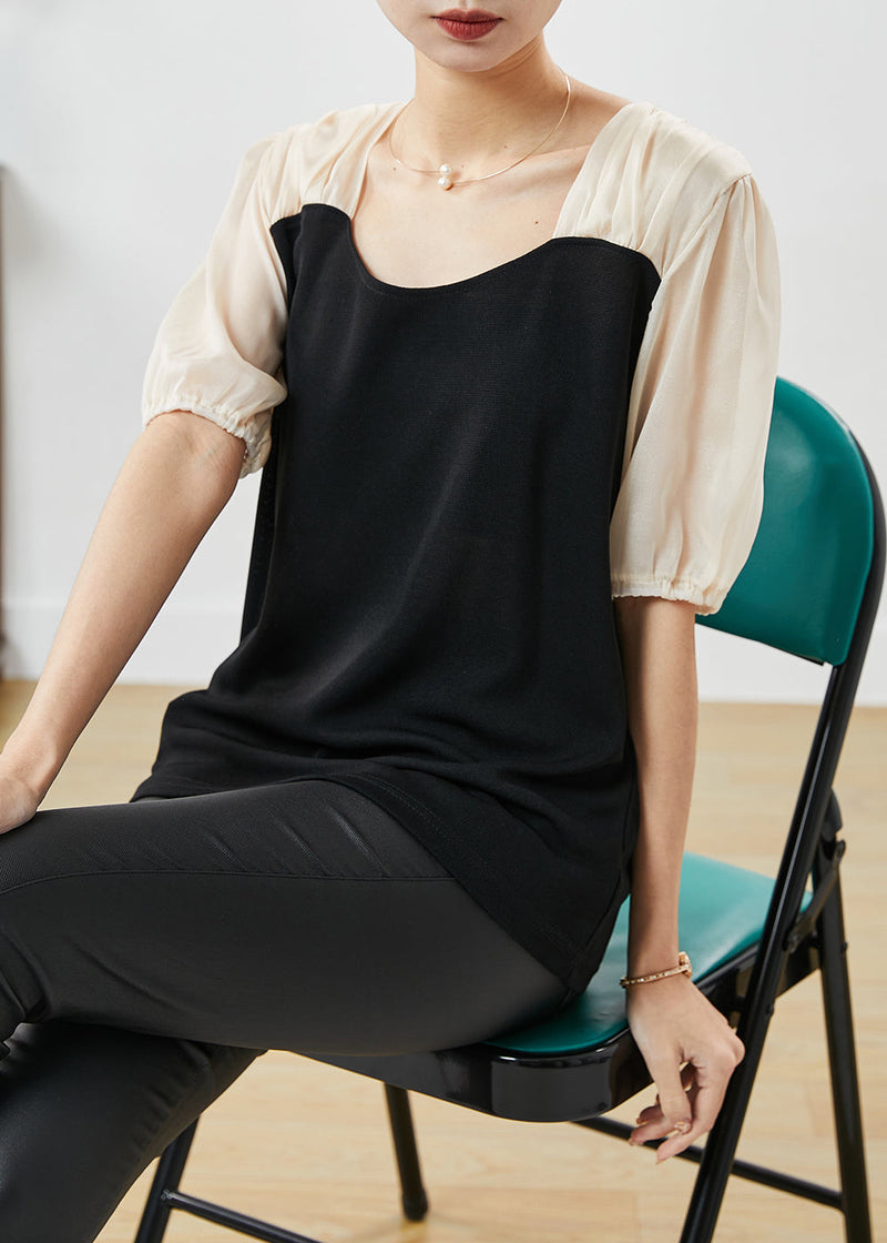 Fine Black Square Collar Patchwork Spandex Shirt Summer