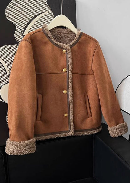 Coffee O Neck Pockets Fleece Wool Lined Faux Suede Coat Winter
