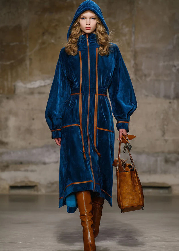 Stylish Blue Hooded Patchwork Velvet Long Coats Fall