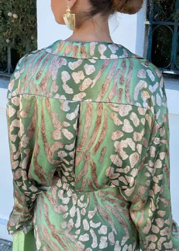 Loose Green Print Shirts and Skirts Two Pieces Set Spring