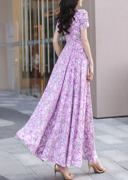 Purple V Neck Print Wrinkled Chiffon Dress Summer