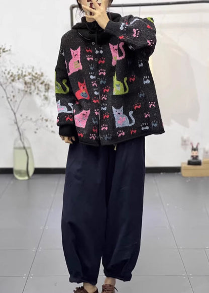 Black Oversized Print Denim Knit Jackets Spring