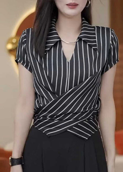 New Black Stripe Peter Pan Collar Chiffon Top Summer