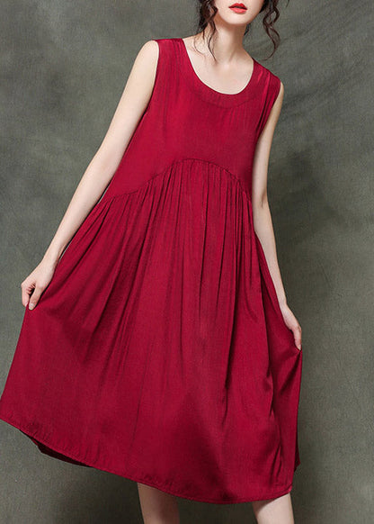Wine Red O-neck Wrinkled Long Dresses Sleeveless