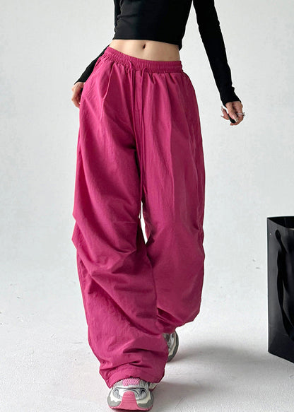 Vogue Red Pockets Tie Waist Warm Fleece Straight Pants Spring