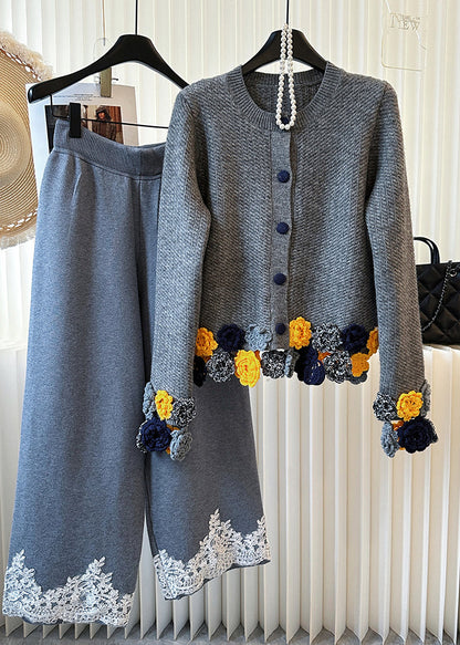 Grey O-neck Knit Cardigan Winter