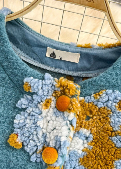 Blue O-neck Fluffy Button Knit Sweaters Spring