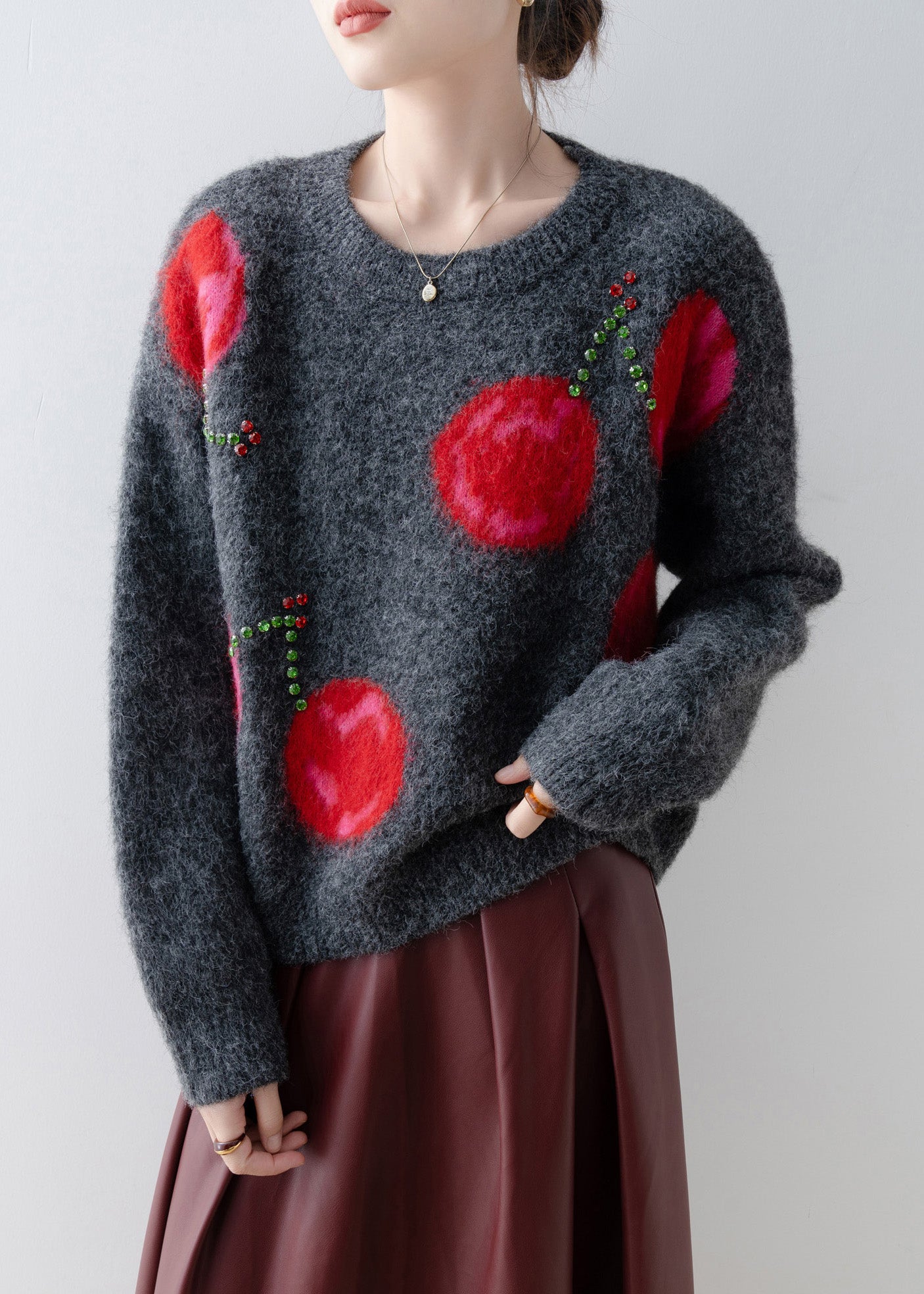 Grey O Neck Zircon Knit Sweaters Spring
