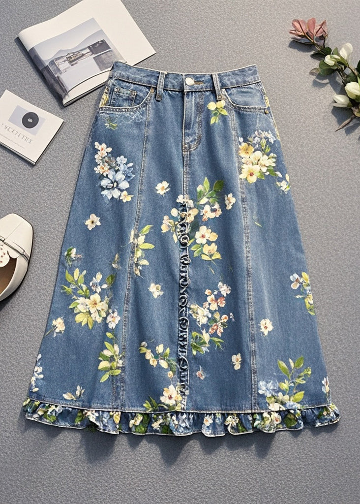 Blue Ruffled Print Denim Skirt Fall