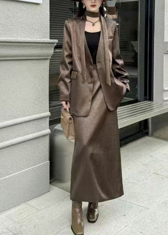 Black Notched Tie Waist Satin Coats and Maxi Skirts Two Pieces Set Spring